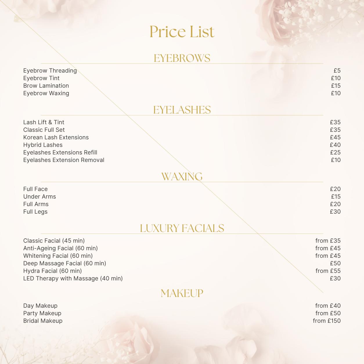 Skin Lounge price list